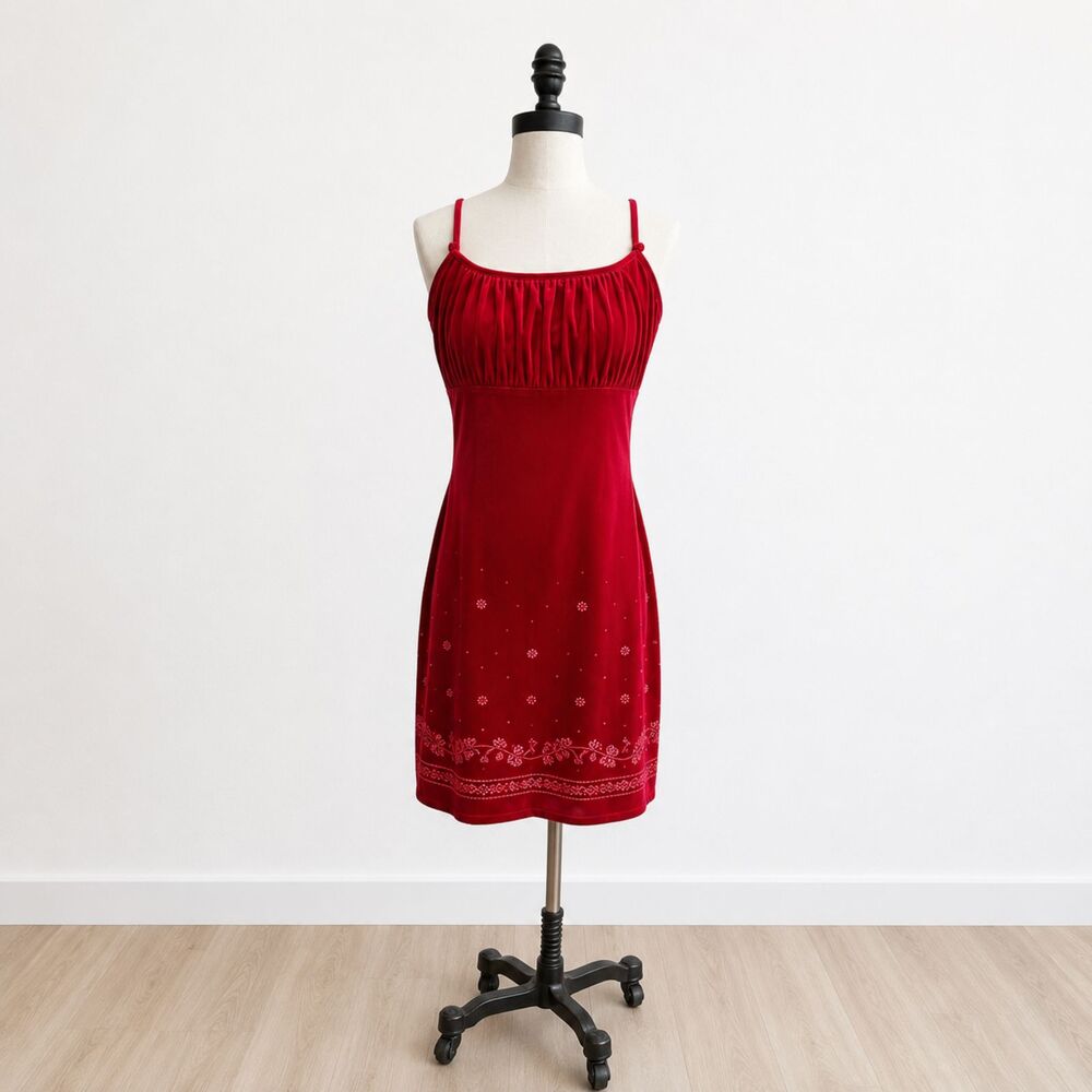 Vintage Rave City Red Velvet Burnout Slip Dress Medium Y2K Fairy Grunge Goth 33"